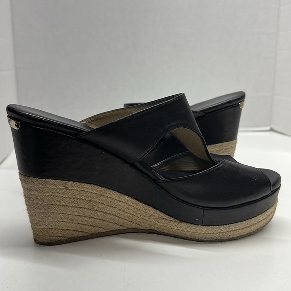 Jimmy Choo Pledge Espadrille Wedges Open Toe Shoes Leather Black Size 40 US 10 - Picture 8 of 13